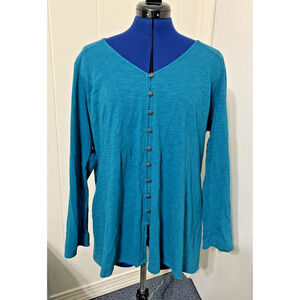 J Jill Tunic Top XlL 100% Cotton Teal Blue Long sleeve Button Front Coastal